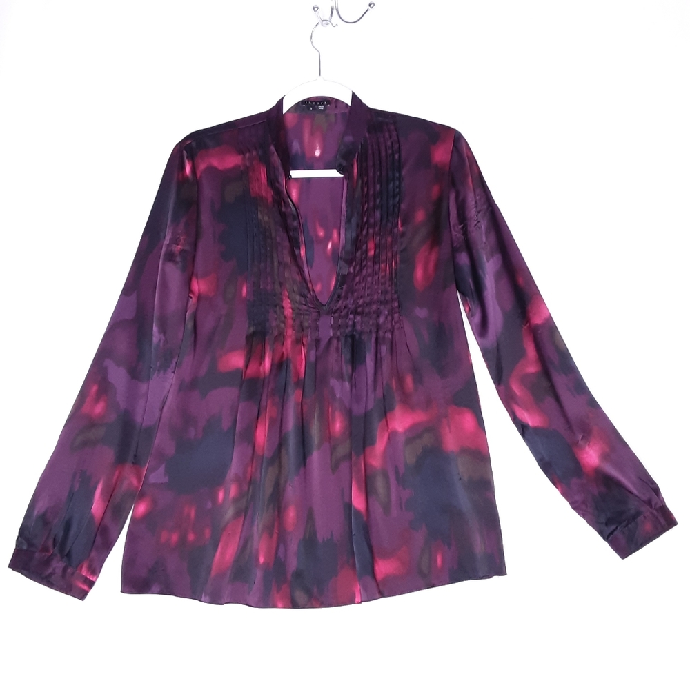 💎Theory Womens Black Burgundy Abstract Print Silk Tunic Blouse Size Small